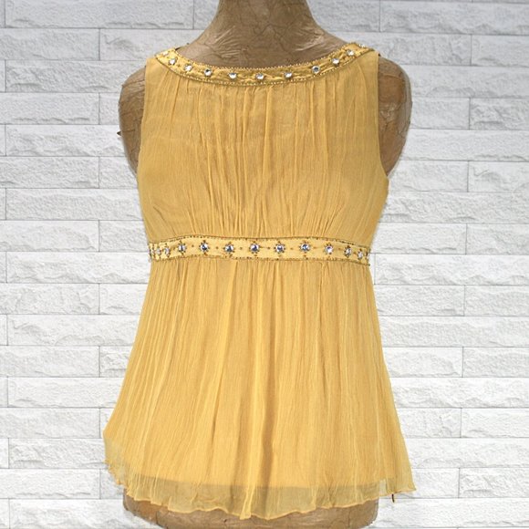 Spenser Jeremy Tops - SPENSER JEREMY Blouse Silk Beaded Embellished Sleeveless Feminine Gold Small